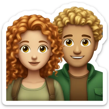 Couple. beautiful girl with red long curly hair and brown eyes. Handsome man with blonde curly hair and green eyes sticker