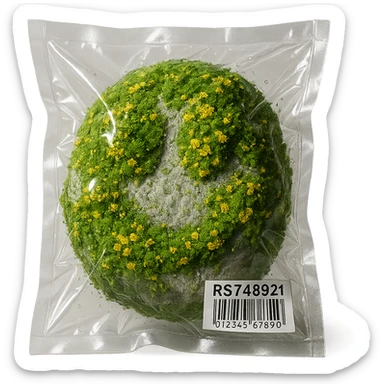 light gray rock, covered in green moss with clusters of small bright flowers, glossy sticker