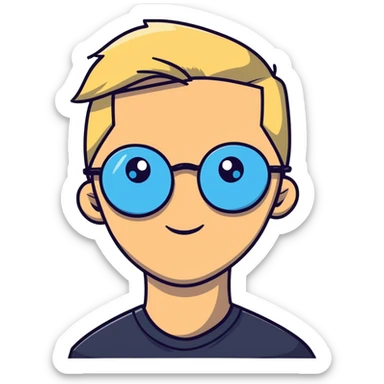 Man with blonde ponytail, round glasses and blue eye sticker