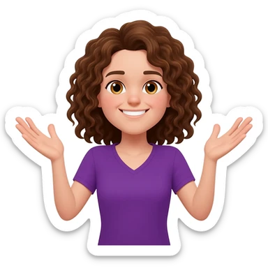 smiling face, brown curly shoulder length hair, hair touching shoulders, hazel eyes, pail skin, purple v-neck shirt, arms up in an emoji shrug position. with no third hand on shoulder sticker