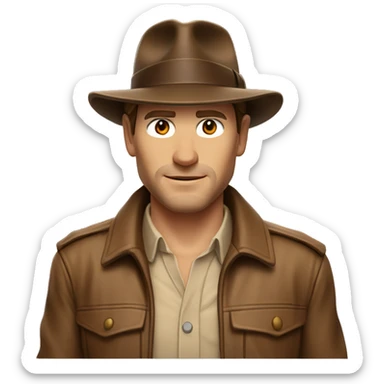 White skin Indiana Jones with a brown jacket and a brown hat, brown hair, beige shirt sticker