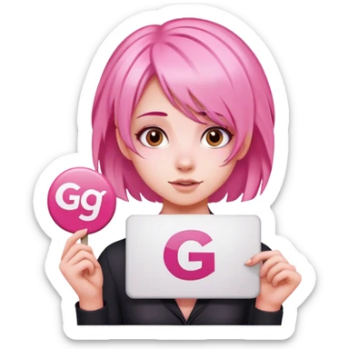 girl with pink hair, big sign, sign says GG sticker