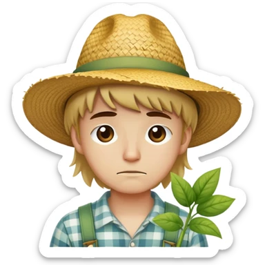 Sad young white gardener in a straw hat sticker