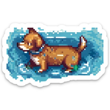 dog swimming in water, pixel art style, retro, blocky sticker