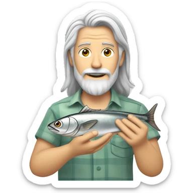 light gray hair man with long hair, light gray beard, open hawaian shirt, holding a sardine fish sticker