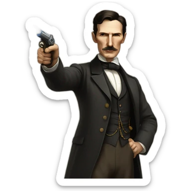 nikola tesla saying sabe muito while pointing a pistol sticker