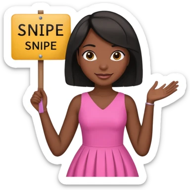Dark skin woman with black bob in hair holding sign that says snipe  wearing pink dress  sticker