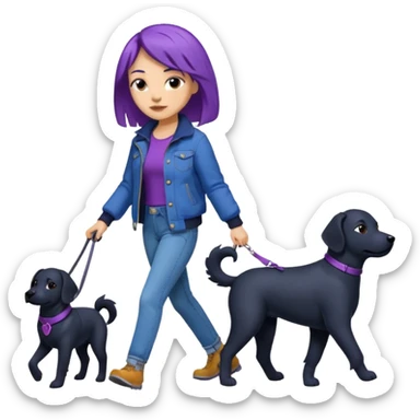 purple haired light skinned woman walking a big, black dog sticker