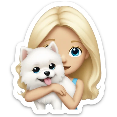 Blond girl white skin blue eyes hugging white Pomeranian with light pink bow sticker