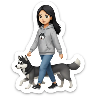 A girl with long black hair wearing a sweatshirt walks a black and white husky sticker