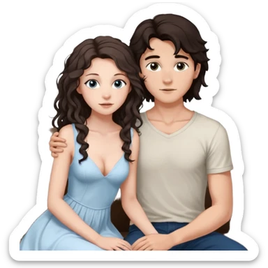 white girl, dark brown long slightly curly hair , skinni but with big breast , septum piercing on nose, beautiful dark gray-blue eyes, in white dress , boy dark brown eyes , light white skin , tall , skinny , light brown mid haircut ,  on his knee asking her to be hos wife sticker