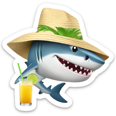 A shark wearing a sun hat, sipping a margarita sticker