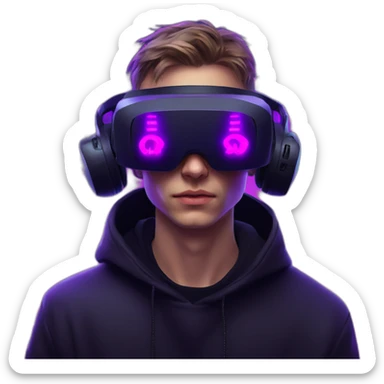 Russian young man wearing a black hoodie with "OMG" letters on it and VR headset in a cyberpunk VR environment with violet neon lighting. sticker