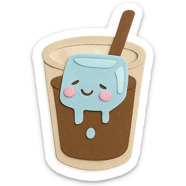 melting ice cube character in coffee drink, blushing cheeks, kawaii pastel hand-drawn style sticker