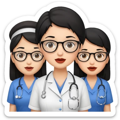 Genera un emogis de 4 enfermeras pelinegra juntas, entre ellas una con un lunar encima del labio y otra con lentes sticker