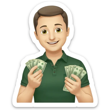 Photorealistic Vladimir Zelensky very happy holding money in his hands, dark green shirt sticker