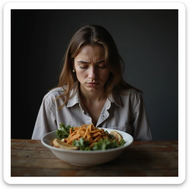 donna triste che mangia insalata, espressione triste, iperrealismo 4K, variazione 2 sticker