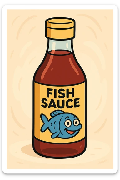 cartoon style fish sauce bottle, smiling face on label, bright colors, playful, simple background sticker