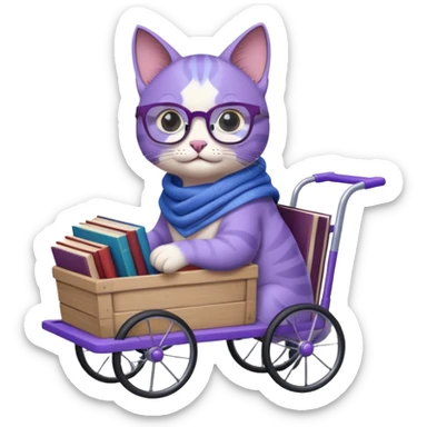 Purple and blue cat, with glasses and a shawl, pushing a 4 wheeled cart full of books sticker