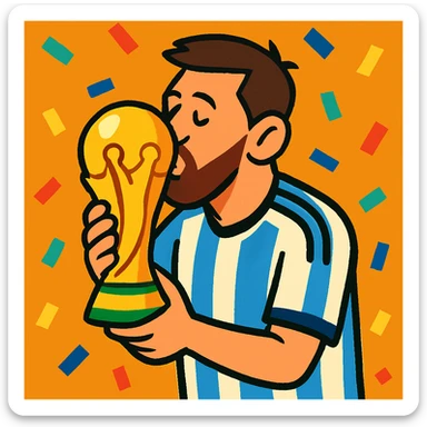 Cartoon Messi kissing the World Cup trophy, confetti falling, blue and white jersey sticker
