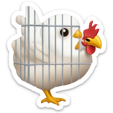A chicken in a cage with the flu sticker