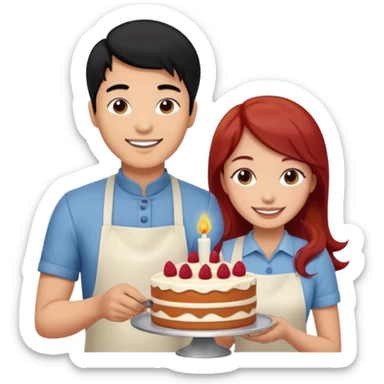 black haired asian guy bakes cake with redhead girlfriend sticker