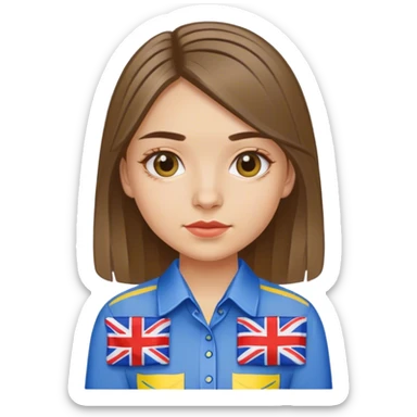 A Ukrainian girl wearing an embroidered shirt and a British flag sticker