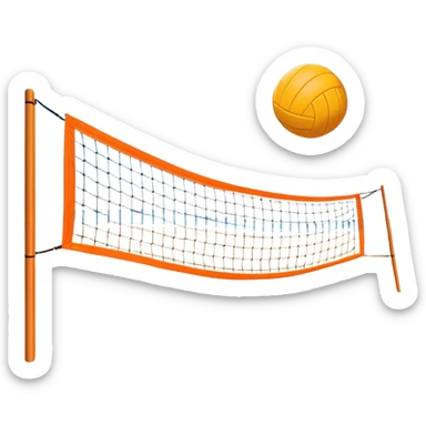 A beach volleyball net set up on the sand, with a volleyball hovering above it. The scene captures the action of a game in progress, with the sun shining brightly, beach sand stretching out, and the ocean visible in the background. sticker