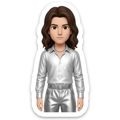 Chris Pontius with brown eyes, long dark brown hair, white metallic shirt, silver metallic baggy pants, silver necklace sticker