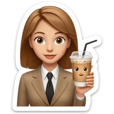 Women in front of laptop with a happy face, light brown hair, light brown big eyes, light skin with a iced coffee on the side, business attire sticker