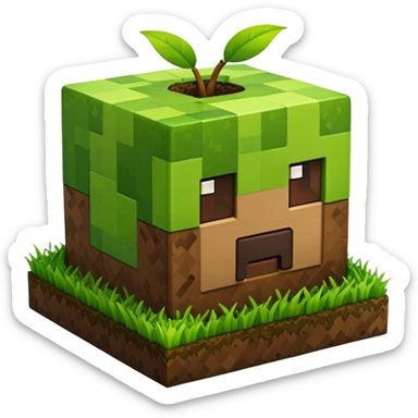 A 3D Apple-style emoji of a Minecraft grass block, cubic shape, with bright green grass on top and brown soil with pixel texture on the sides, simple and cute cartoon design. sticker