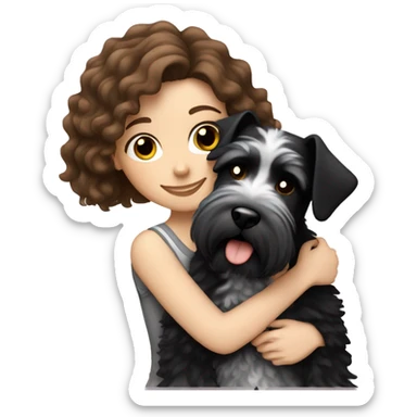 pale girl with curly brown hair hugging her black and white schnauzer sticker