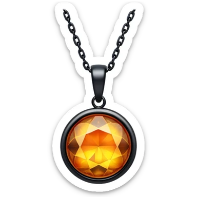 extreme close up of a round cut holographic amber charm with black metal accent and black chain, chain and findings tight against the gem sticker