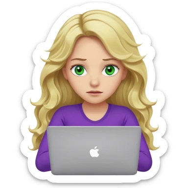 lady with long blonde wavy hair, purple top, green eyes throwing her with a laptop looking exhausted sticker
