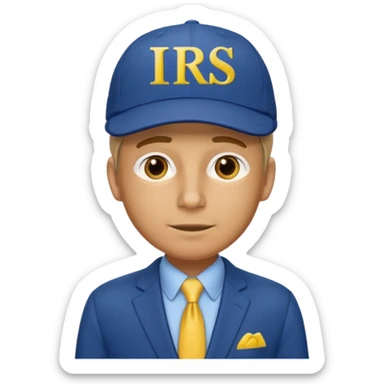 a man dressed in a blue suit with a cap on that says IRS in yellow letters sticker