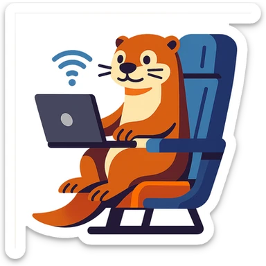otter with laptop connected to wifi sitting on an airplane seat, vibrant toon style sticker