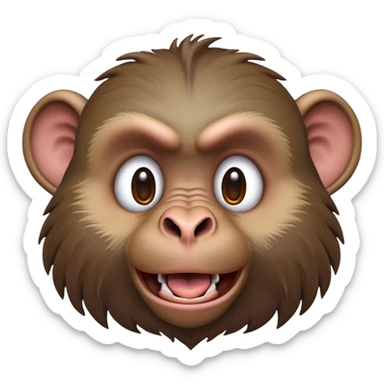 Cinematic Comical Baboon Portrait Emoji, Head tilted dramatically with an exaggeratedly amused expression, featuring a strikingly textured Fur of deep browns with wide, expressive eyes filled with playful disbelief, Simplified yet hilariously expressive features, highly detailed, glowing with a slightly sassy glow, high shine, dramatic yet playful, stylized with an air of cheeky mischief, bright and endearing, soft glowing outline, capturing the essence of a spirited and over-the-top baboon, so meme-worthy it feels like it could chatter its way into internet fame instantly! sticker