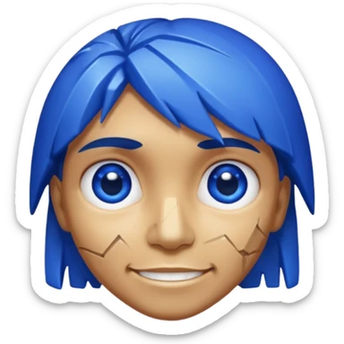 A single sapphire-blue faceted rock head, chunky and worn, with very visible cracks and chipped facets but still shiny, big kind eyes and a confident smile sticker