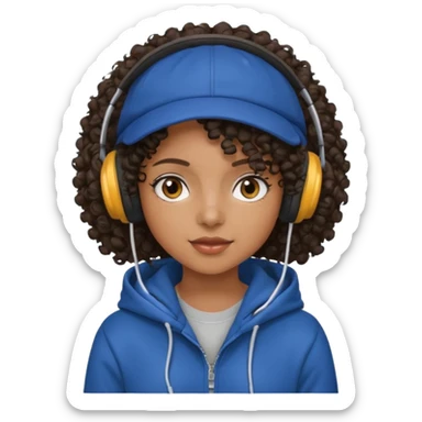 curly haired with headphones in and hoddie  black girl with cap sticker