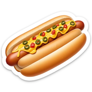 Cinematic Realistic Hot Dog Dish Emoji, featuring a classic hot dog in a bun topped with mustard and relish rendered with crisp textures and vibrant, dynamic lighting. sticker
