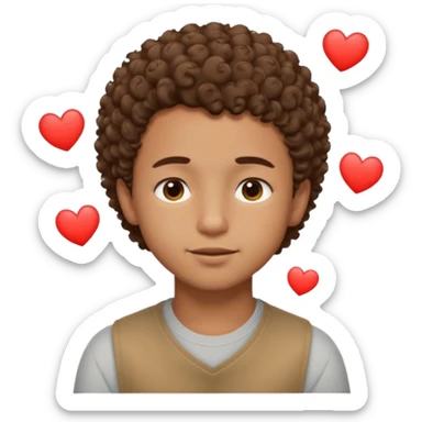 Brown boy with short curly hair dreaming abouthis girlfriend small smirk on his face eyes closed with a little heart next to him sticker