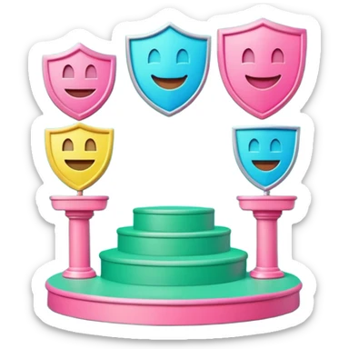 Minimalist 3D emoji-style podium with 2 steps on a green chroma key background. Step 1 (higher) features a handshake icon with blue neon glow. Step 2 (lower) features a smiling tooth with a shield icon and pink neon glow. Clean rendering, soft colors, uniform lighting. sticker