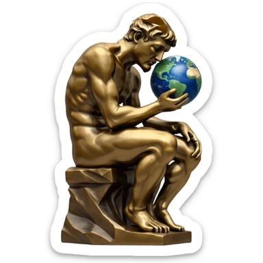 rodins sculpture the thinker but with a planet earth in its hand sticker