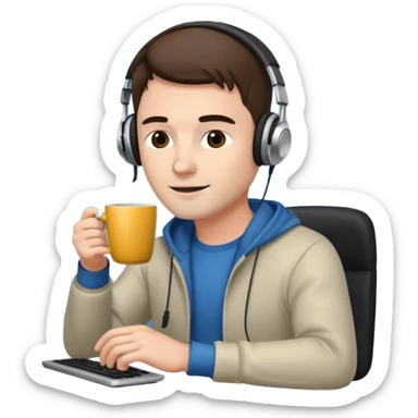 emoji ios 18, guy in headphones at computer, drinking coffee sticker