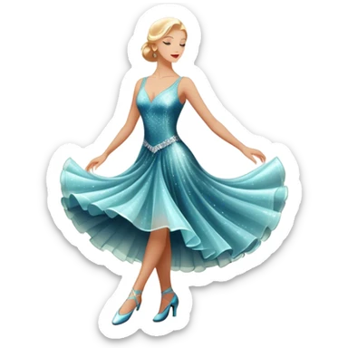 Humanless Icon for Ballroom Dance: elegant ballroom dance shoes, a sparkling dress, and a dance floor with a spotlight. The icon should capture the grace and elegance of ballroom dancing, with emphasis on movement and rhythm. Transparent background. sticker