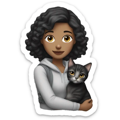 white girl with dark black hair holding a grey tabby cat sticker