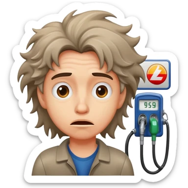 Disheveled person with anxious expression at a gas station pump sticker