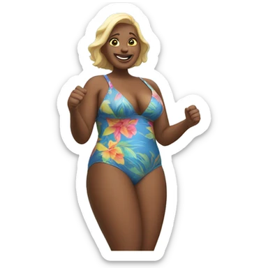 A big woman in a bathing suit on the beach with  sticker