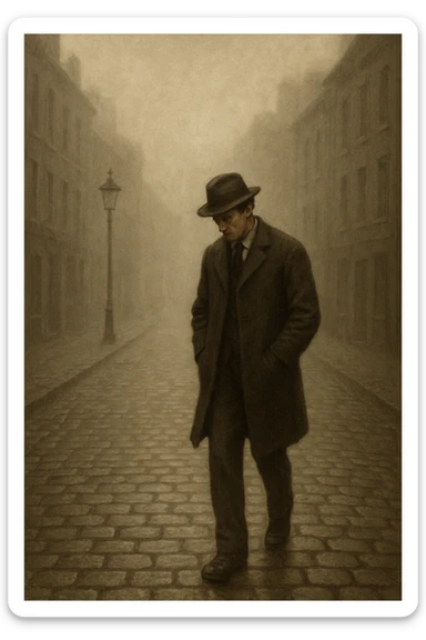 a solitary man in early 20th century attire, walking down a foggy cobblestone street, lost in thought, philosophical mood, muted colors sticker