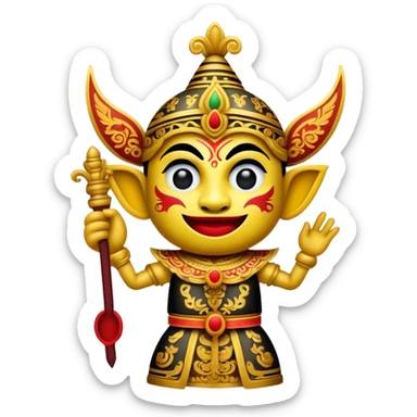 Cinematic Realistic Wayang Kulit Pop Culture Emoji, featuring a vibrant shadow-puppet theatre scene rendered with dynamic textures and artistic, traditional lighting. sticker